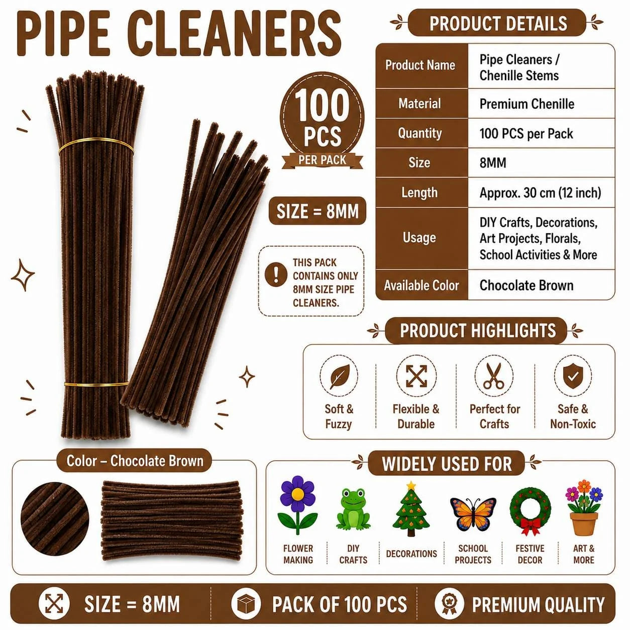 Plain Pipe Cleaners 8mm (Chocolate Brown) - 100pc