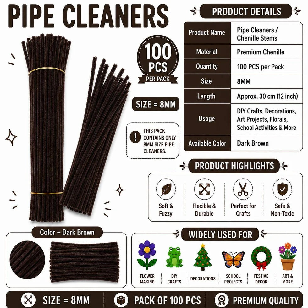 Plain Pipe Cleaners 8mm (Dark Brown) - 100pc