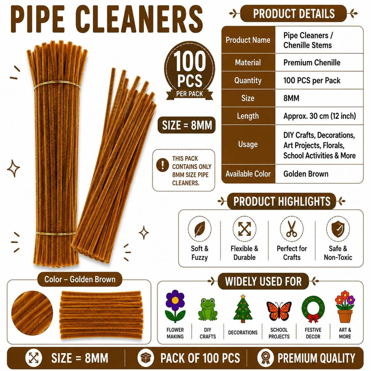 Plain Pipe Cleaners 8mm (Golden Brown) - 100pc