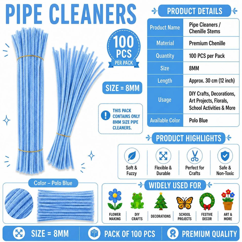 Plain Pipe Cleaners 8mm (Polo Blue) - 100pc