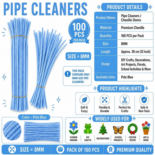 Plain Pipe Cleaners 7-8mm approx (Polo Blue) - 100pc