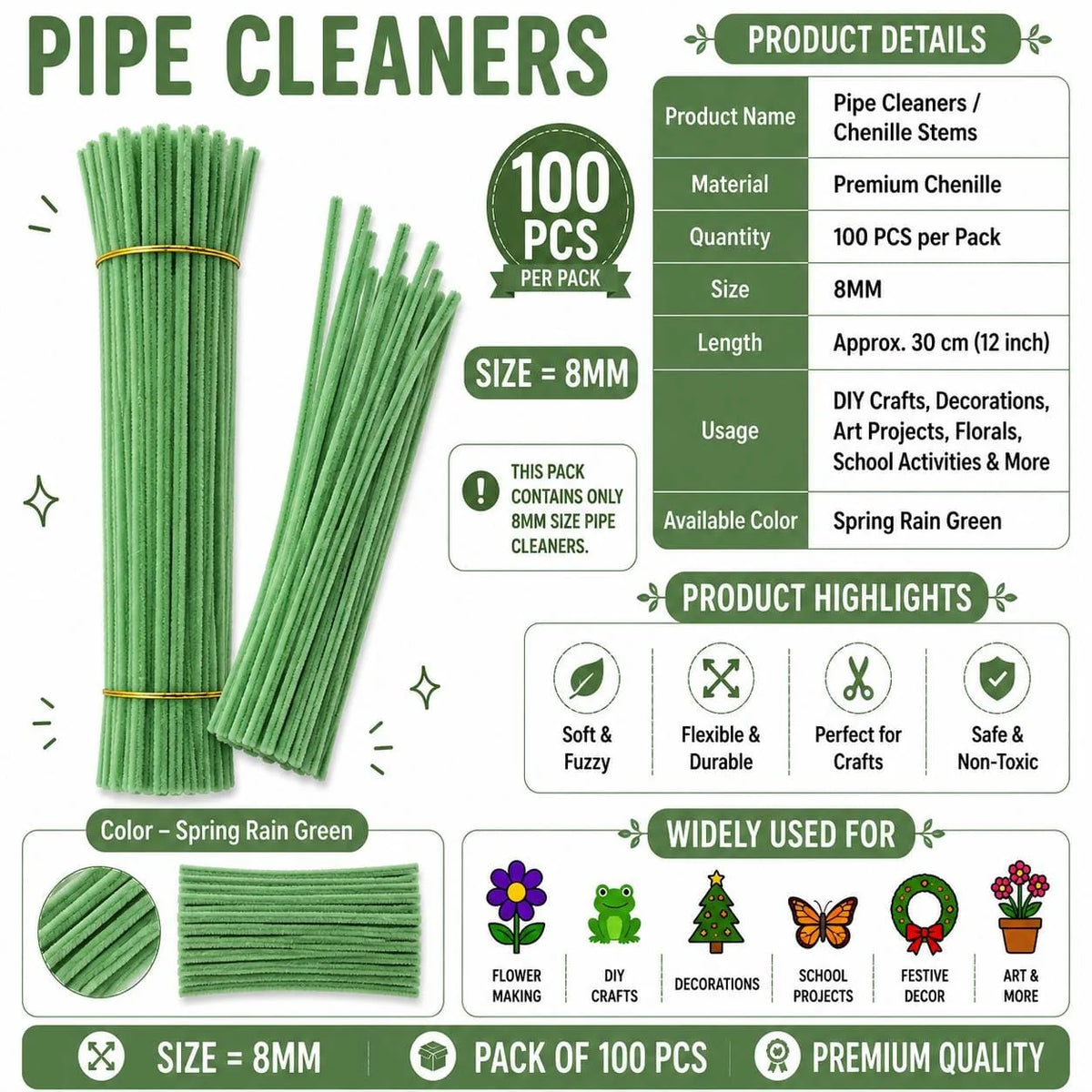 Plain Pipe Cleaners 8mm (Spring Rain Green) - 100pc