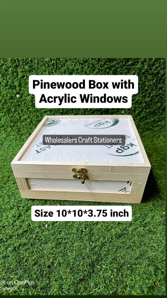 Pinewood Box With Acrylic Windows - 10*10*3.75 Inch - 1pc