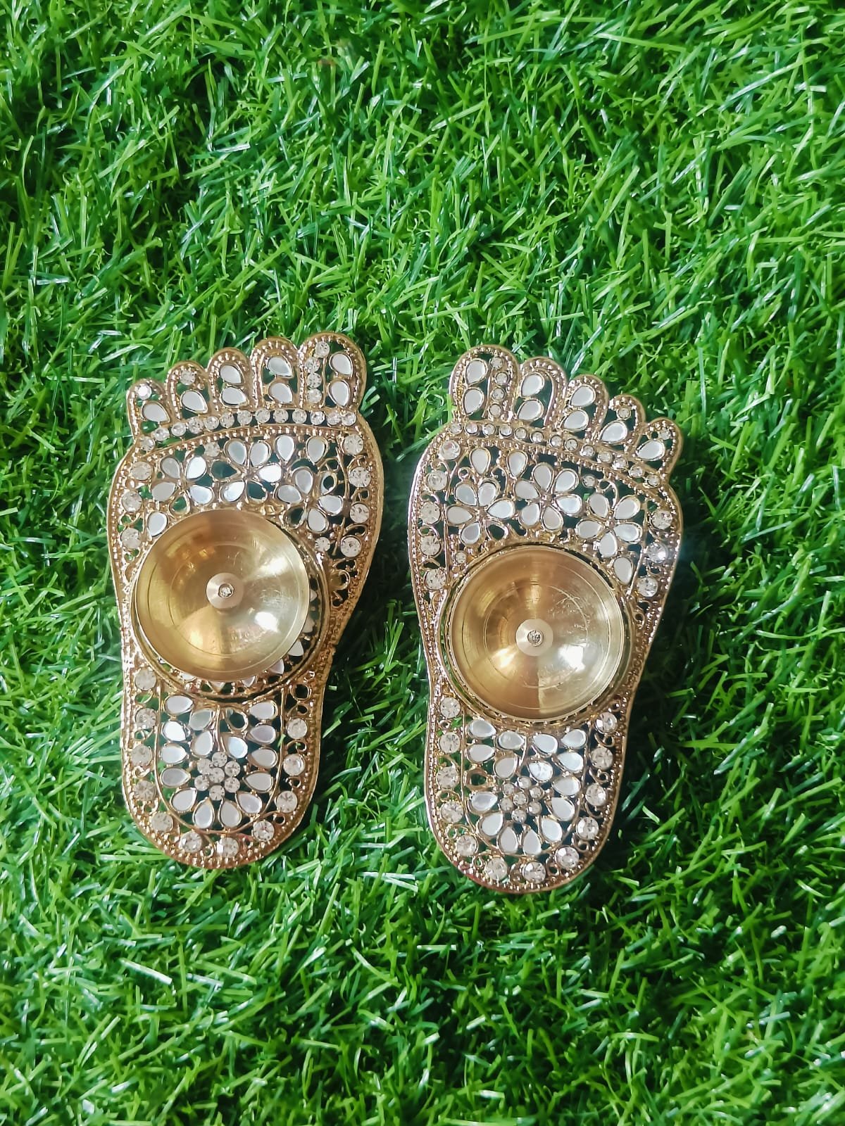 Metal Stone Laxmi Charan Diya - 1pair