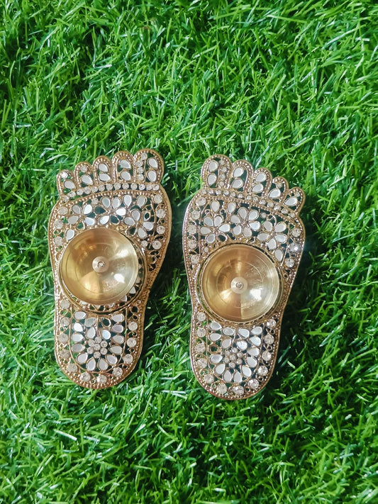 Metal Stone Laxmi Charan Diya - 1pair