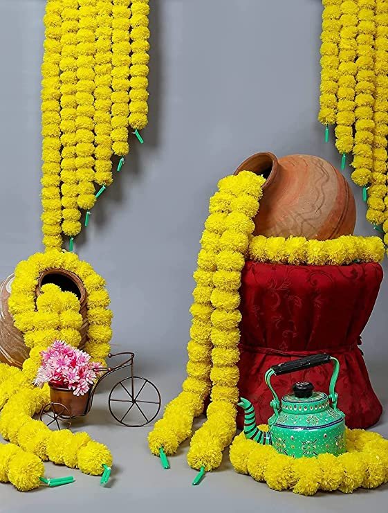 Artificial Flowers Marigold Garlands for Decoration (Lemon Yellow) - Pack of 5