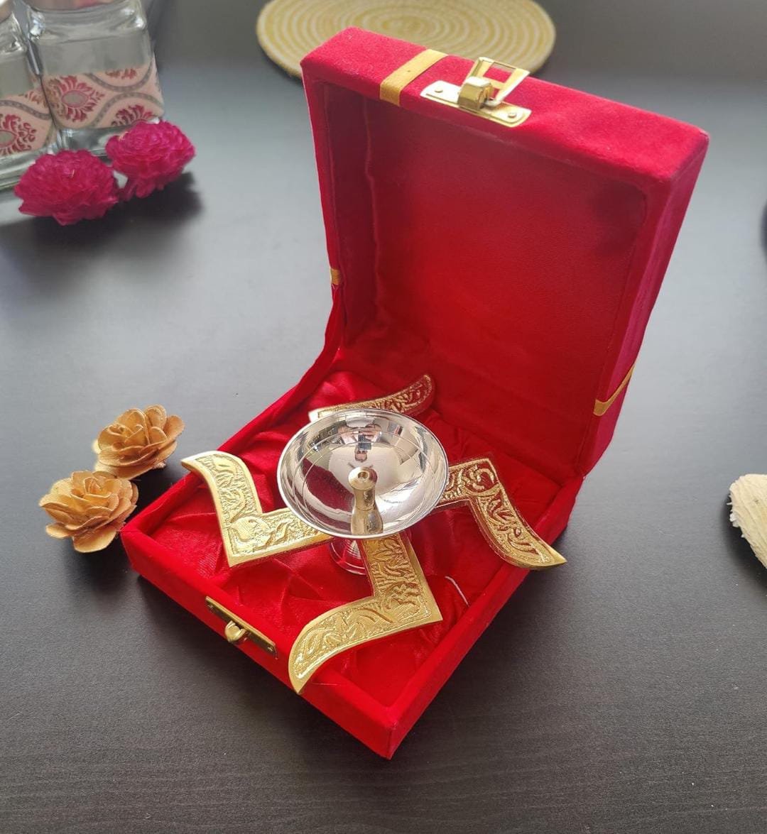 Brass Swastik Diya (4.5*4.5*2inch) with Gift Box