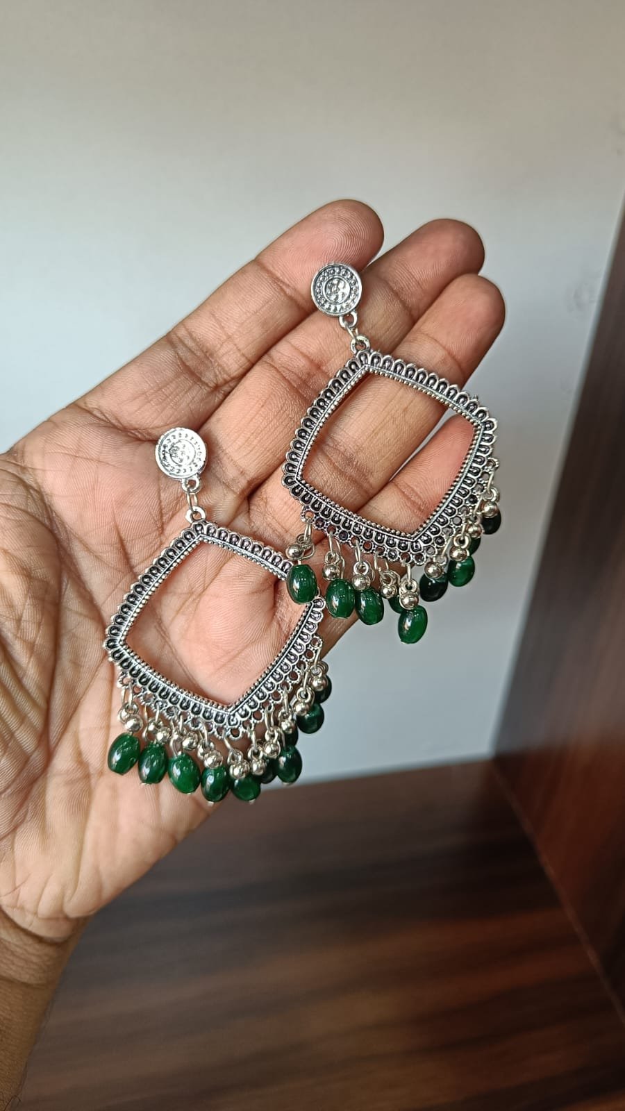 Silver Square Dark Green Resin Jhumka - 1pair