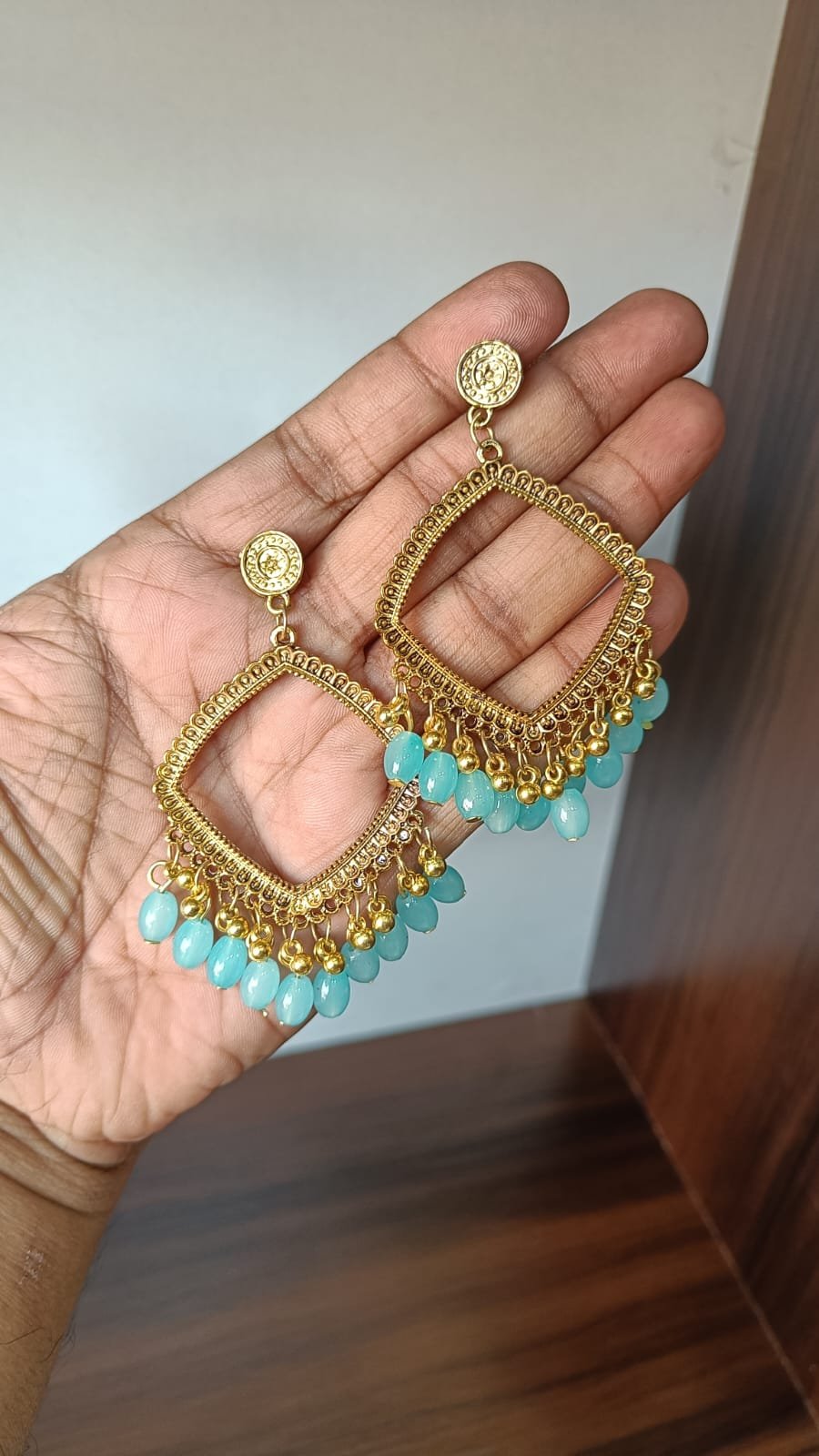 Golden Square Light Blue Resin Jhumka - 1pair