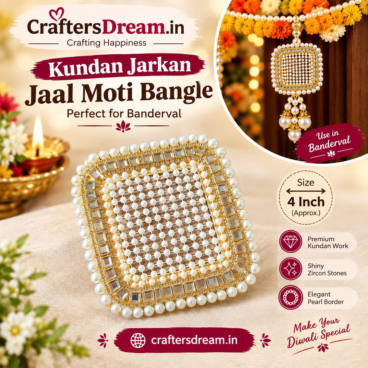 Kundan Jarkan Jaal Moti Bangle 4inch
