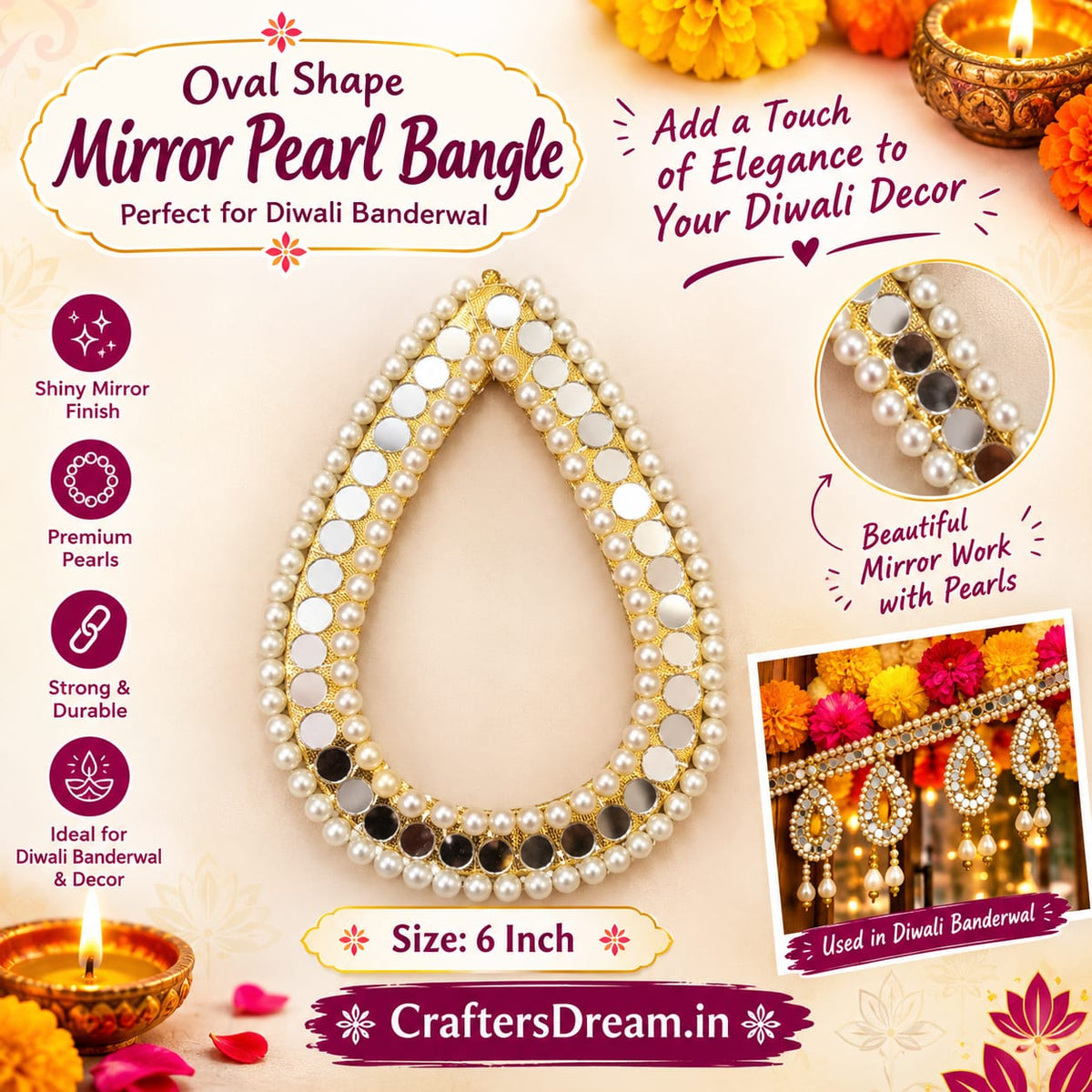 Oval Shaped Mirror Pearl Bangle 6inch - 5pc