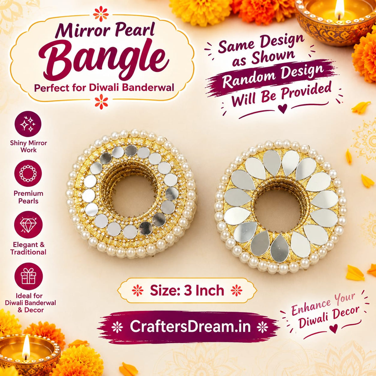 Round Mirror Pearl Bangle 3inch - 10pc