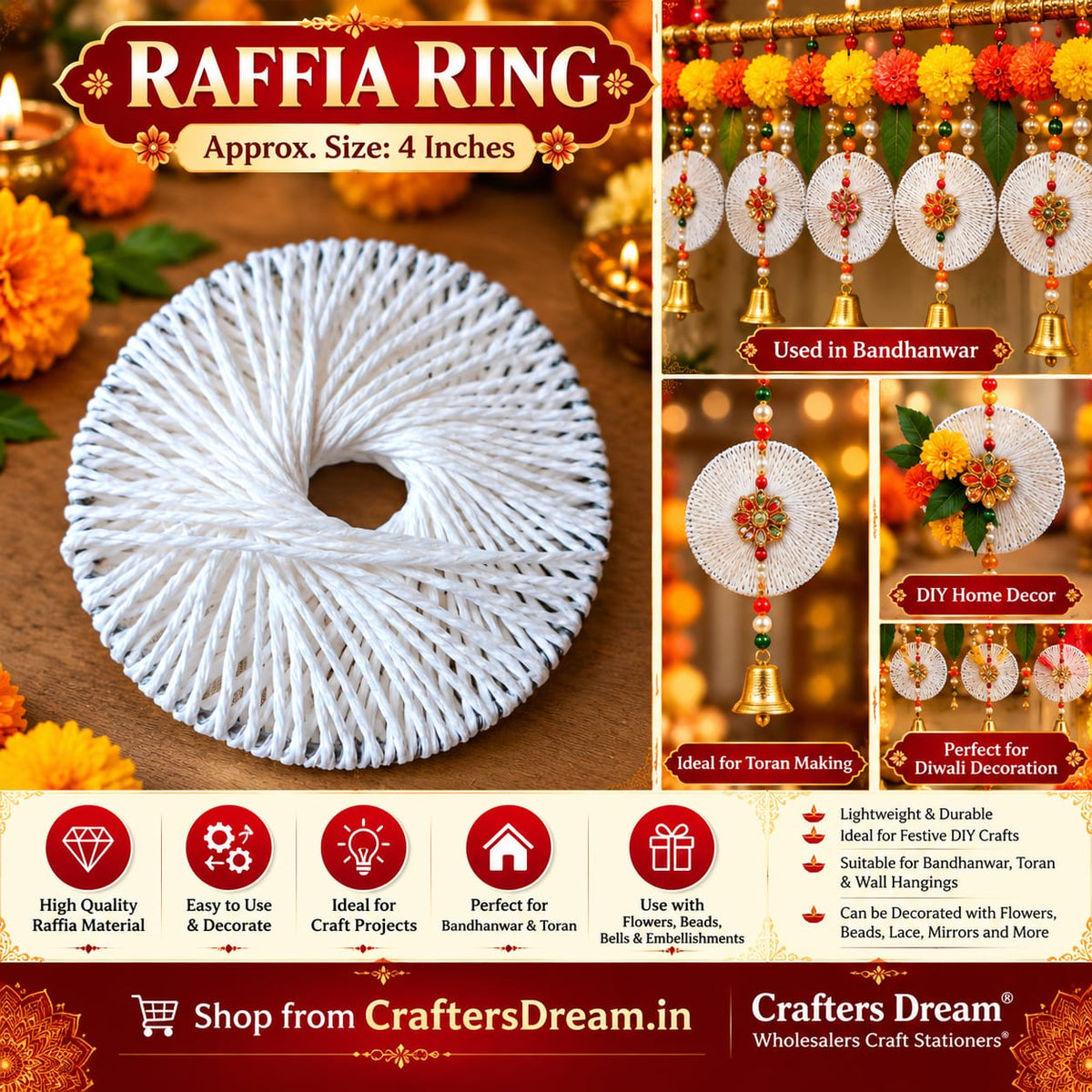 Handmade Thread Wall Hanging Raffia Ring 4inch – 1pc