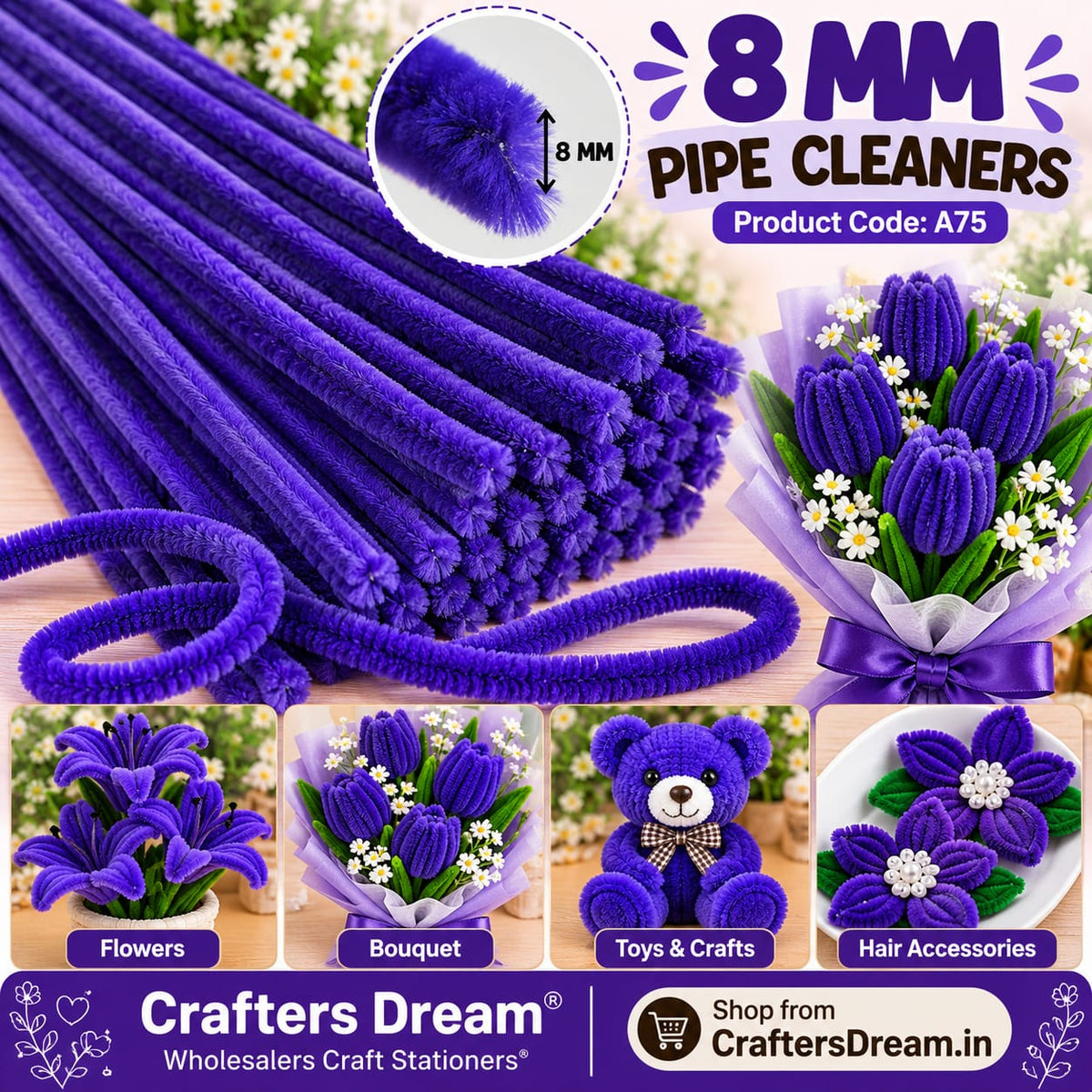 Plain Pipe Cleaner 8mm (A75) - 100pc