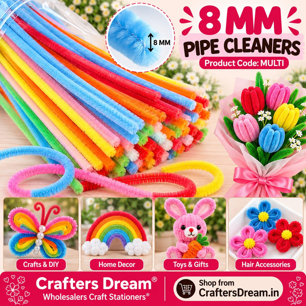 Plain Pipe Cleaner 8mm (Multi) - 100pc