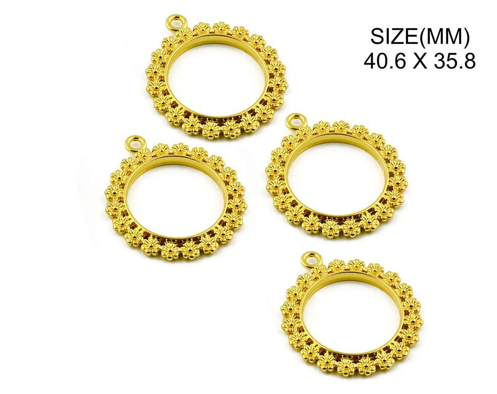 Gold Flower Round Frame Bezels (BZ085) - 5pc